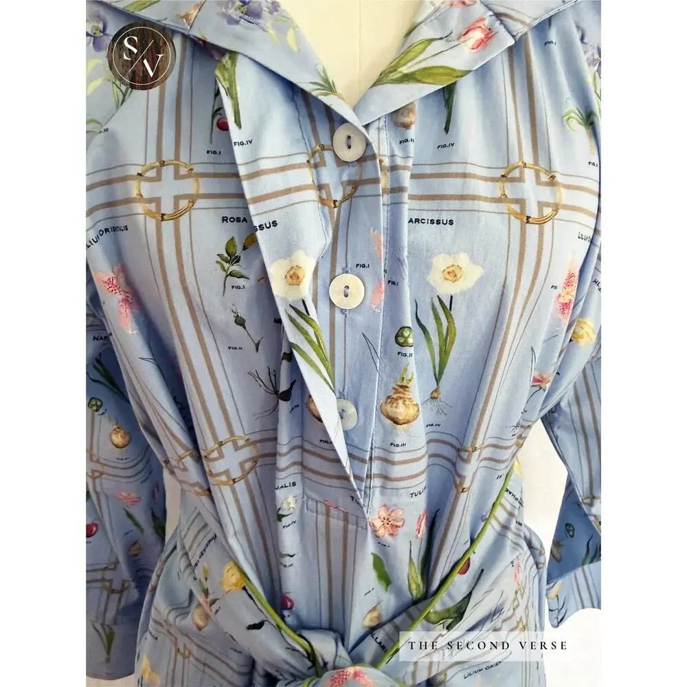 Holly Shae Spring Dress, Botanical Library Tie Waist Blue Midi Size M/L - Picture 4 of 12